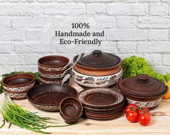 Large Rustic Clay Cookware & Dinnerware Set, Handmade Pottery Pots, Plates and Bowls, Eco-friendly Red Clay Kitchen Gift, Gift for Grandma