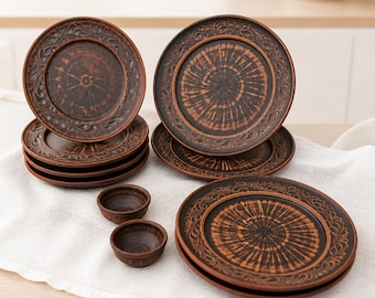 Large Handmade Red Clay Dinnerware Set, Rustic Unglazed Plates, Artisan Pottery Set, Sustainable Clay Tableware, Kitchenware Grandma Gift