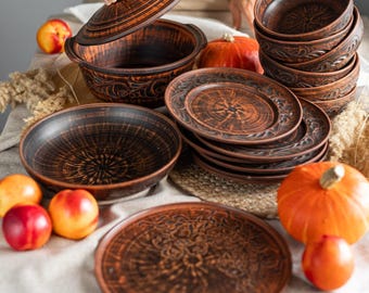 Handmade Clay Dinnerware Set for – Flat Deep Plates, Large