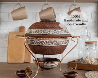 Handmade Red Clay Engobe Saj Makitra with Sauce Bowls, Traditional Ukrainian Pottery, Rustic Ceramic Saj Dish, Ethnic Kitchen Tableware