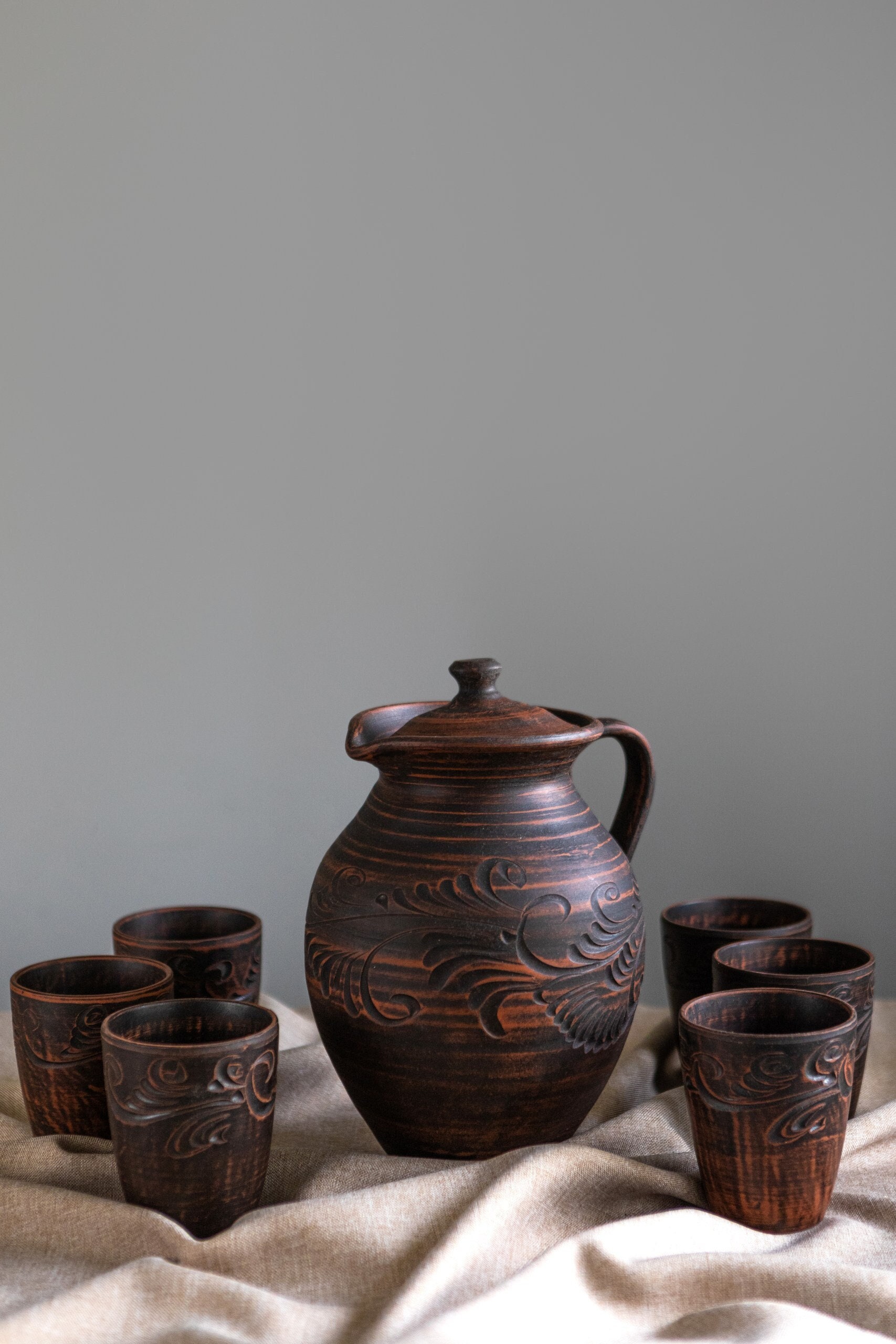 Pitcher wine, Pitcher of red clay,  Stoneware engraved, Clay pot, Clay pot for water, Jug with handle, Unglazed pottery, Terracotta pot