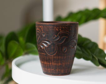Handmade Carved Ceramic Cup, Red Clay Mug 350 ml, Rustic Pottery Coffee Cup, Textured Tea Cup, Artisan Drinkware,Traditional Ukrainian Gift