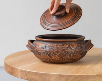 Handmade Rustic Clay Cooking Pot With Lid and Handles – Eco