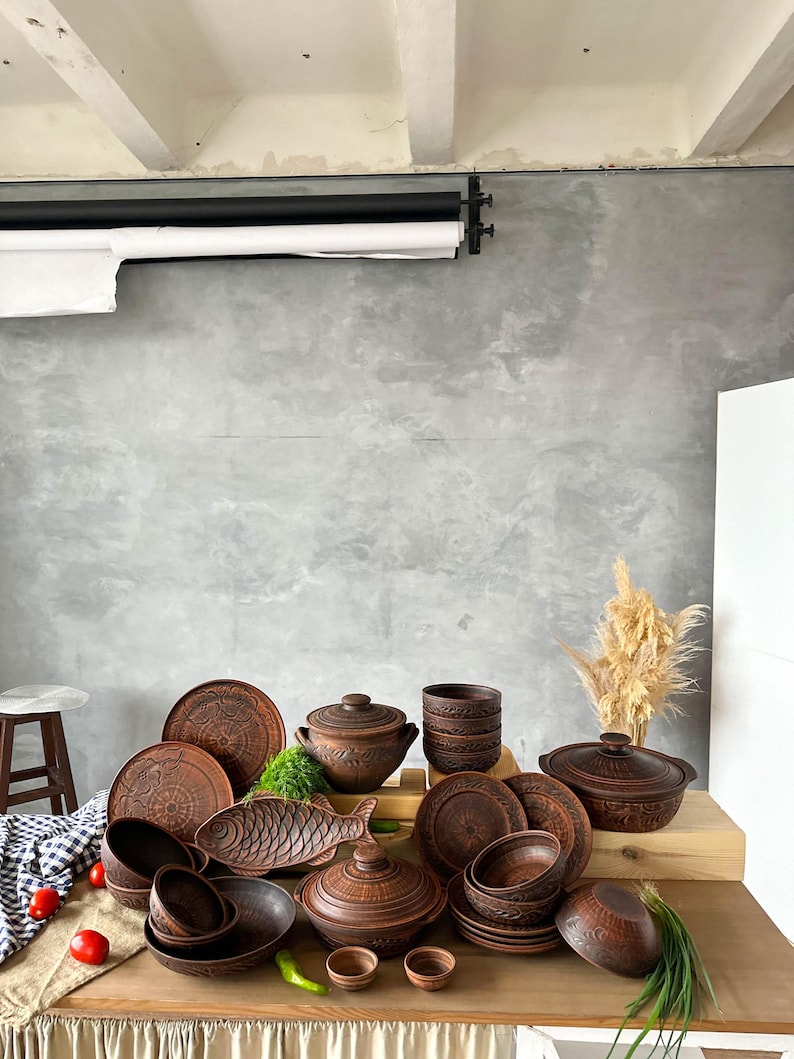 Handcrafted Red Clay Dinnerware Set for 6, Traditional Ukrainian ...