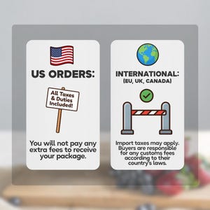 May include: A white informational graphic with two columns. The left side features a US flag, a sign reading 'All Taxes & Duties Included!', and text stating 'US ORDERS: You will not pay any extra fees to receive your package.' The right side shows a globe, a green checkmark, a barrier icon, and text: 'INTERNATIONAL: (EU, UK, CANADA) Import taxes may apply. Buyers are responsible for any customs fees according to their country's laws.'