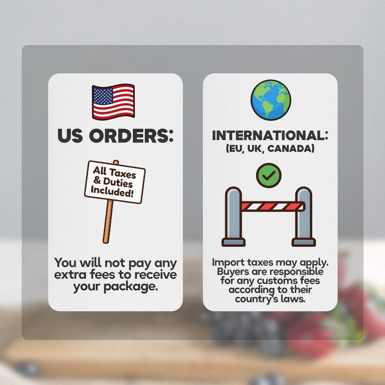 May include: A white informational graphic with two columns. The left side features a US flag, a sign reading 'All Taxes & Duties Included!', and text stating 'US ORDERS: You will not pay any extra fees to receive your package.' The right side shows a globe, a green checkmark, a barrier icon, and text: 'INTERNATIONAL: (EU, UK, CANADA) Import taxes may apply. Buyers are responsible for any customs fees according to their country's laws.'