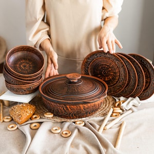 Handmade Red Clay Pottery Set for 4- Plates, Soup Bowls & Lidded Pan, Terracotta Tableware Gift, Ukrainian Rustic Dinnerware, Eco Ceramic