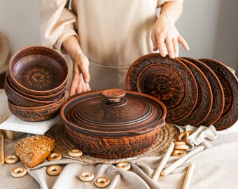 Rustic Clay Bowl & Plate Set, Handcrafted Terracotta Serving Dishes with Lid, Traditional Ukrainian Pottery for Everyday Use