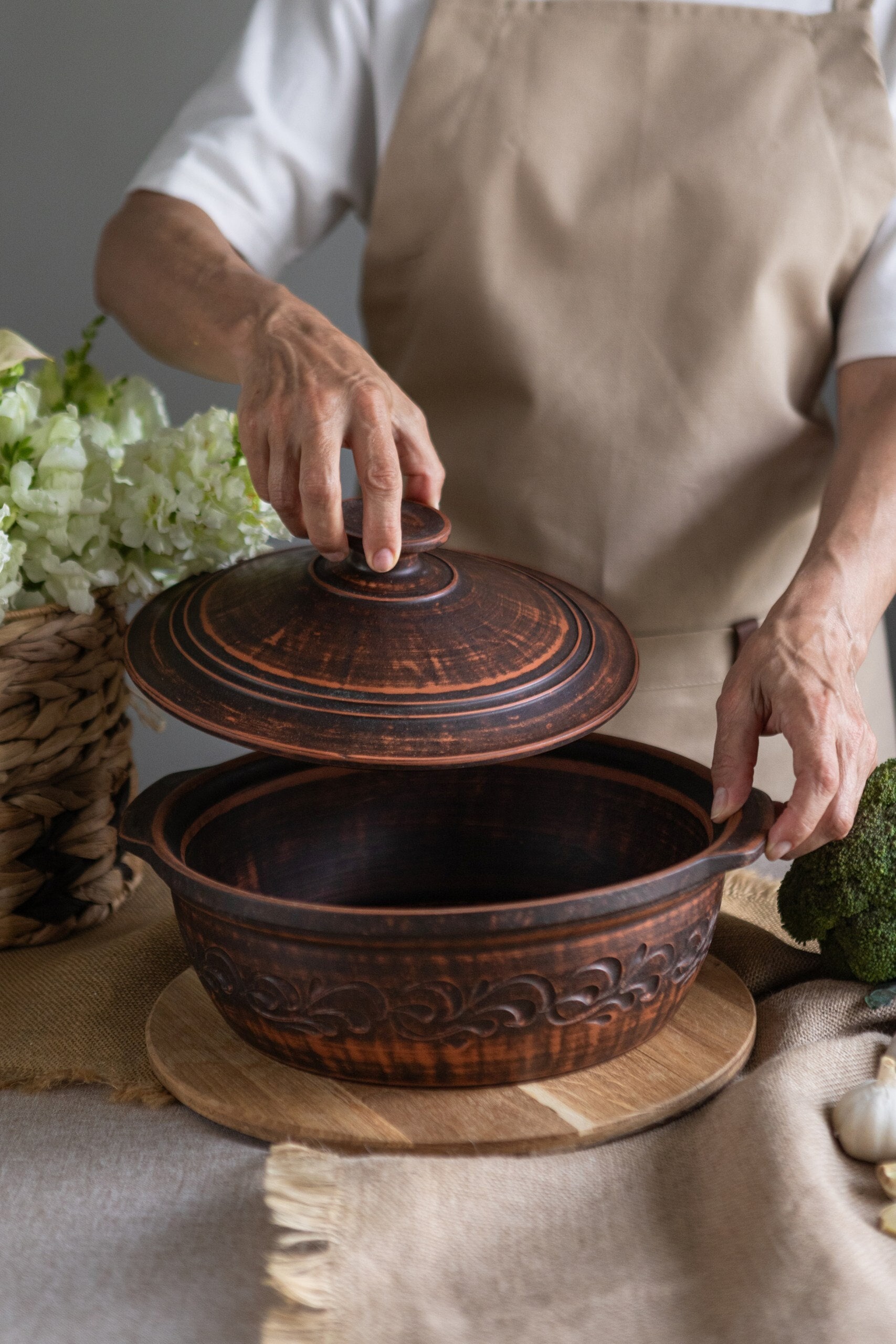 Deep Clay Frying Pan, Handmade Ceramic Baking Dish, Clay Cooking ...