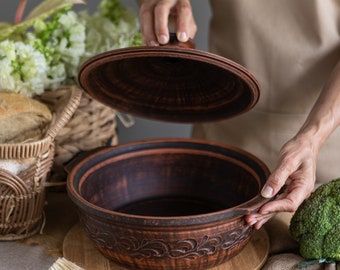 Koekenpan van klei, handgemaakte keramische ovenschaal, koekenpan van klei, ovenbraadpan Fornuis Servies Servies, housewarmingcadeau