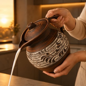 Puede incluir: Una jarra de arcilla marrón oscuro con tapa y un patrón floral pintado en blanco alrededor del cuerpo. La jarra tiene un asa curva y un pico por el que se vierte un líquido blanco. La superficie de la arcilla muestra texturas naturales.