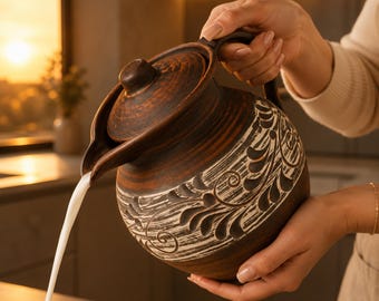 Red Clay Farmhouse Pitcher for Water, Wine, Handmade Engraved Terracotta Milk Jug, Eco friendly Traditional Folk Pottery, House Warming Gift