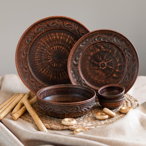 Petit service de vaisselle rustique, assiettes et bols en argile artisanaux, poterie traditionnelle ukrainienne en terre cuite, cadeau de cuisine respectueux de l&#39;environnement, vaisselle