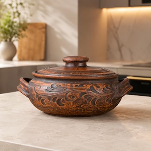 KLAAR VOOR VERZENDING, bakpot van natuurlijke klei, biologische terracotta serveerpot om te koken met deksel, ambachtelijk traditioneel volksaardewerk, oma cadeau