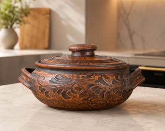 May include: A round, brown clay cooking pot with a matching lid and two side handles. The exterior features a dark, textured finish with carved, swirling leaf-like patterns encircling the body. The lid has a central knob and concentric rings.