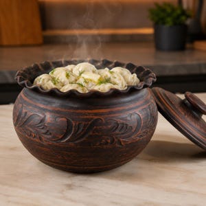 Oglaserad rödlera dumplinggryta med lock, keramisk kokgryta, traditionell ukrainsk handgjord rustik köksredskap, etnisk folkbakform