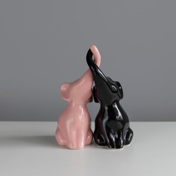 Schattige keramische olifant beeldjes set, 2 olifant decor, zwart en roze blauwe olifant sculptuur, creatieve dierenfiguren, interieuraccent