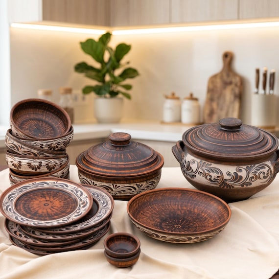 Rustikales Geschirr-Set aus rotem Ton, Handwerkliche Servierschalen, handgefertigtes Terrakotta-Geschirr, Ukrainische Keramik, Küchenkochgeschirr, neues Hausgeschenk