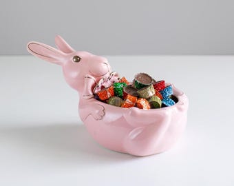 White Clay Pink Bunny Candy Bowl, Cute Glazed Ceramic Decorative Bowl, Handmade Rabbit Trinket Dish, Pottery Bunny Dish, Summer Home Decor