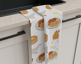 Chicken and waffles design, microfiber kitchen tea towel, whimsical design, home decor, kitchen decor