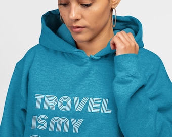 Travel is my therapy, wellness unisex hooded sweatshirt in dark colors