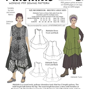 May include: A PDF sewing pattern titled "Adelaide" for women's tunics and dresses. The pattern includes size information for multiple sizes, suitable for knit and woven fabrics. The pattern is recommended for intermediate sewists.