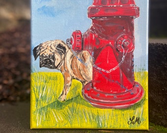 Pug peeing in fire hydrant, pug painting, funny pug, what you looking at? Bathroom art, pug lovers, pug art, dog painting, pet portrait, pug