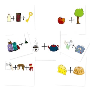 Può includere: Un set di nove immagini illustrate che rappresentano semplici problemi di addizione. Ogni immagine presenta due oggetti che vengono sommati per creare un terzo oggetto. Ad esempio, una casa più una porta è uguale a una chiave.