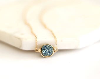 Aqua teal blue Druzy Necklace  Mermaid druzy choker necklace Gift for her under 50 Vitrine dainty gift for mom sis friend coworker