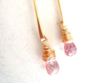 Pink Topaz Stick earrings Twig Spring Pale pink hammered gold november birthstone Under 70 Vitrine