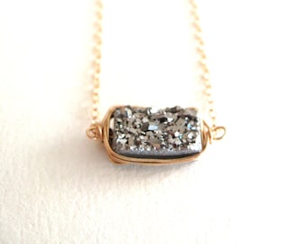 Silver Druzy Bar Necklace Layering Necklace Minimalist Jewelry Mixed metal Gift for her Under 55 Drusy