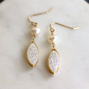 White druzy earrings Marquise earrings freshwater pearl druzy earrings sparkle bling gift for women amaretto drusy Leaf Petal VitrineDesigns image 1