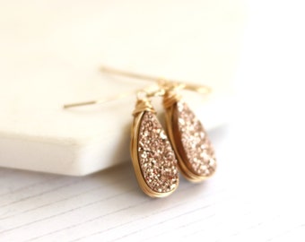 Rose gold Druzy teardrop Earrings Rose gold Drusy dainty gift for wife, sister, friend Holiday jewelry dangles Gift for her Under 75