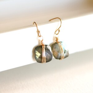 As Seen on Madam Secretary S5E1 Labradorite dangle earrings, grey seagreen blue, Isla square geometric drops under 75, VitrineDesigns image 3