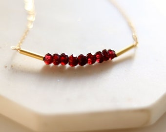 Red garnet necklace 14K goldfilled January birthstone Bar choker dark red gemstone VitrineDesigns