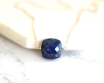 Lapis Lazuli Necklace Isla cushion cut midnight blue Layering necklace navy blue gold Vitrine Designs minimalist choker layering necklace