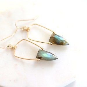 Statement Labradorite earrings art deco Surf shield dagger blue and gold Earrings seagreen jewelry, gift under 100 Vitrinedesigns image 1