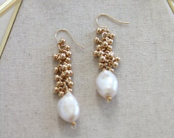 Wedding blush pink baroque pearl gold cluster earrings bridal earrings VitrineDesigns