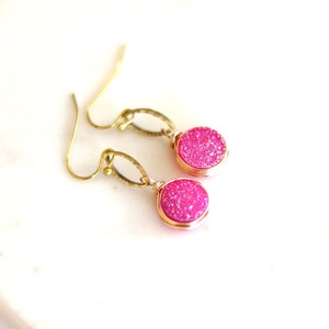 Hot pink Druzy Earrings fuchsia drops pink and gold gift for her under 50 VitrineDesigns image 3