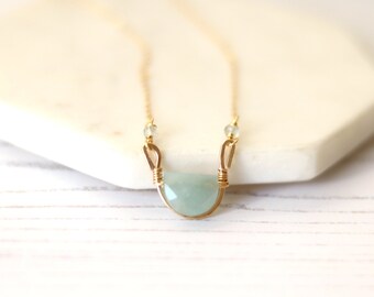 Aquamarine Necklace March birthstone choker half moon pale blue and gold dainty March birthday Vitrine Designs Rockpool Necklace