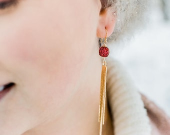 Long Gold Tassel Earrings red Druzy earrings Shoulderduster drops Ember Holiday jewelry festive Christmas gift VitrineDesigns