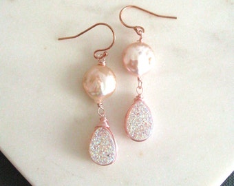 Pearl Earrings Pale pink druzy earrings Wedding jewelry Under 75 VitrineDesigns blush pink coin pearl drops