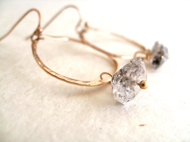 Herkimer Diamond earrings, gold hoops, Gemstone earrings april birthstone, Hammered Hoops Gift for her Under 100 Vitrine image 5