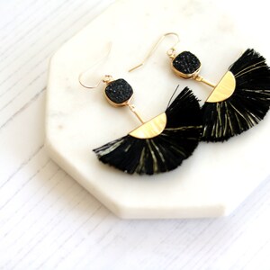 Black Druzy tassel earrings fan shape gold hoops statement earrings black and gold VitrineDesigns image 6