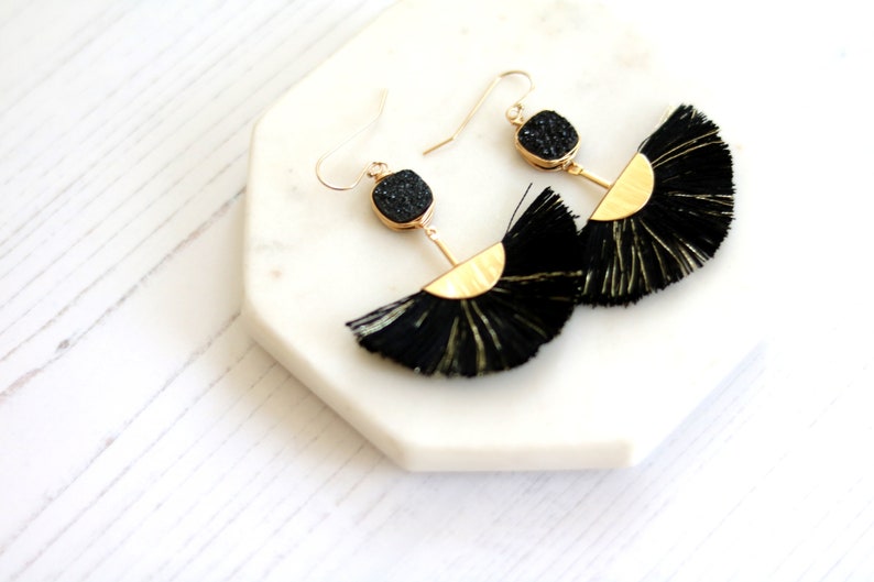 Black Druzy tassel earrings fan shape gold hoops statement earrings black and gold VitrineDesigns image 6