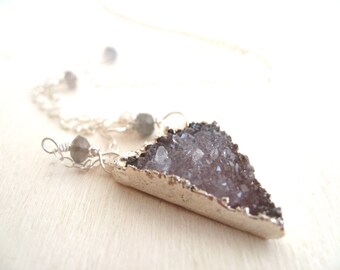 Gray druzy triangle necklace Sterling silver Moonstone gemstone Vitrine Gift for her under 65