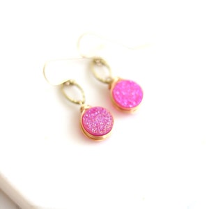 Hot pink Druzy Earrings fuchsia drops pink and gold gift for her under 50 VitrineDesigns image 7