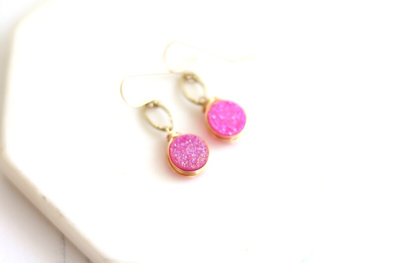 Hot pink Druzy Earrings fuchsia drops pink and gold gift for her under 50 VitrineDesigns image 7