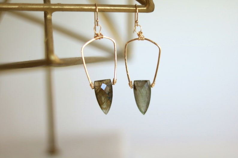 Statement Labradorite earrings art deco Surf shield dagger blue and gold Earrings seagreen jewelry, gift under 100 Vitrinedesigns image 3