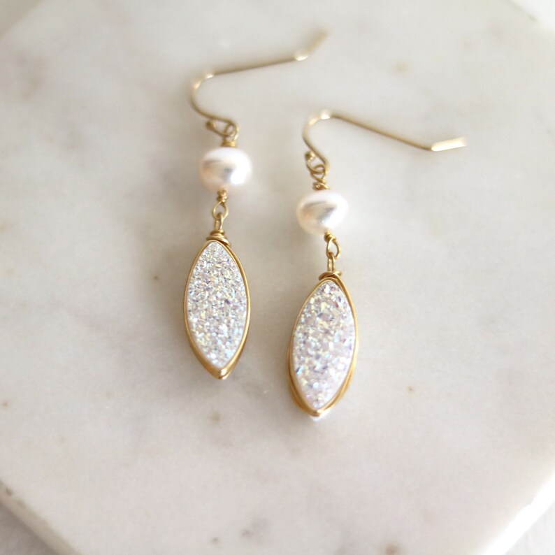 White druzy earrings Marquise earrings freshwater pearl druzy earrings sparkle bling gift for women amaretto drusy Leaf Petal VitrineDesigns image 4